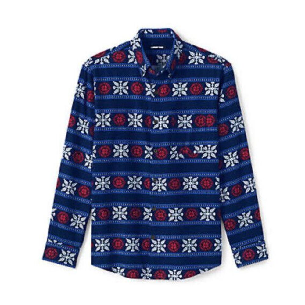 New $60 Lands End Mens Flagship Flannel Shirt Long Sleeve Button Fair Isle Large
